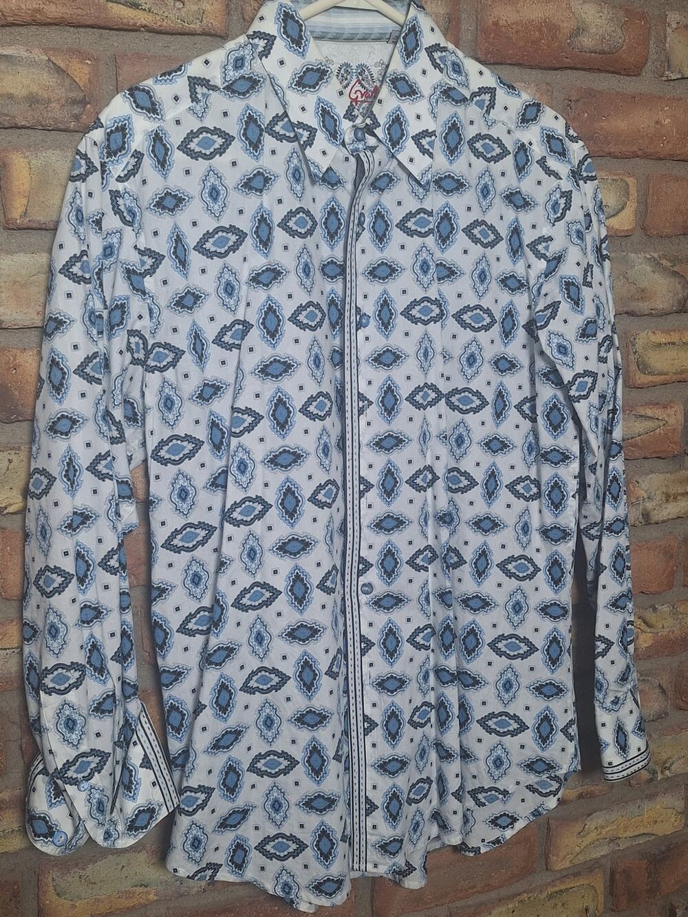 Robert Graham Shirt Mens M Blue Medallion Pattern Flip Cuff Button Up